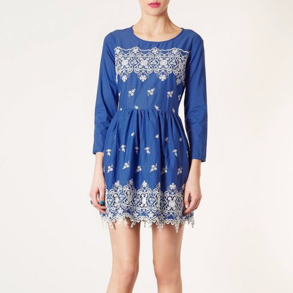 Top Shop Embroidered Hem Flipper Skater Blue Dress